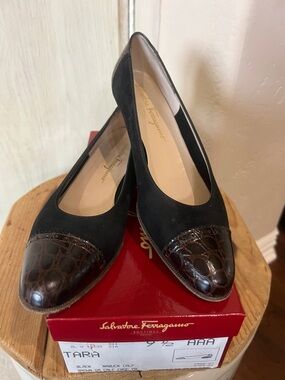 Salvatore Ferragamo Black Suede Flats with Brown Croc-Print Cap Toes
